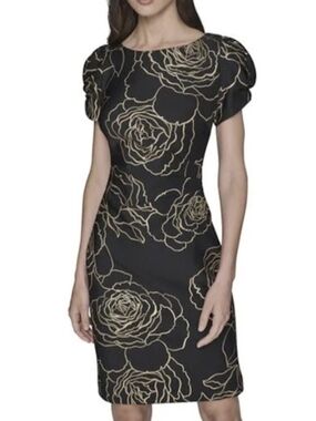 NWT Karl Lagerfeld Paris Black Midi Dress with Gold Rose Outline